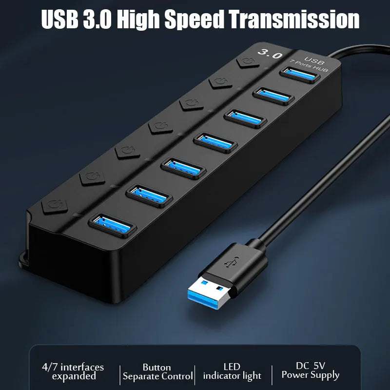 USB 3.0 Hub Multi USB Splitter Hub Use Power Adapter 4/7 Port Multiple Expander USB 3.0 Hub with Switch 30CM Cable Quake