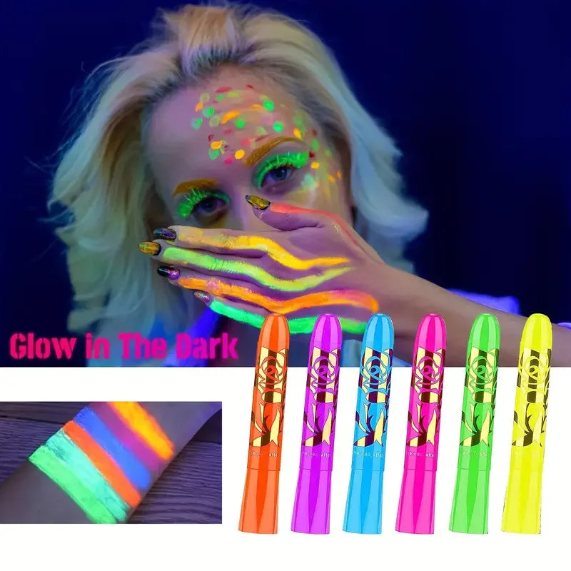 6Pcs UV Neon Face Painting Kit,Glow in the Dark Under UV Lights,Black Light Glow Makeup Kit,Washable Water Soluble Face Painting Quake