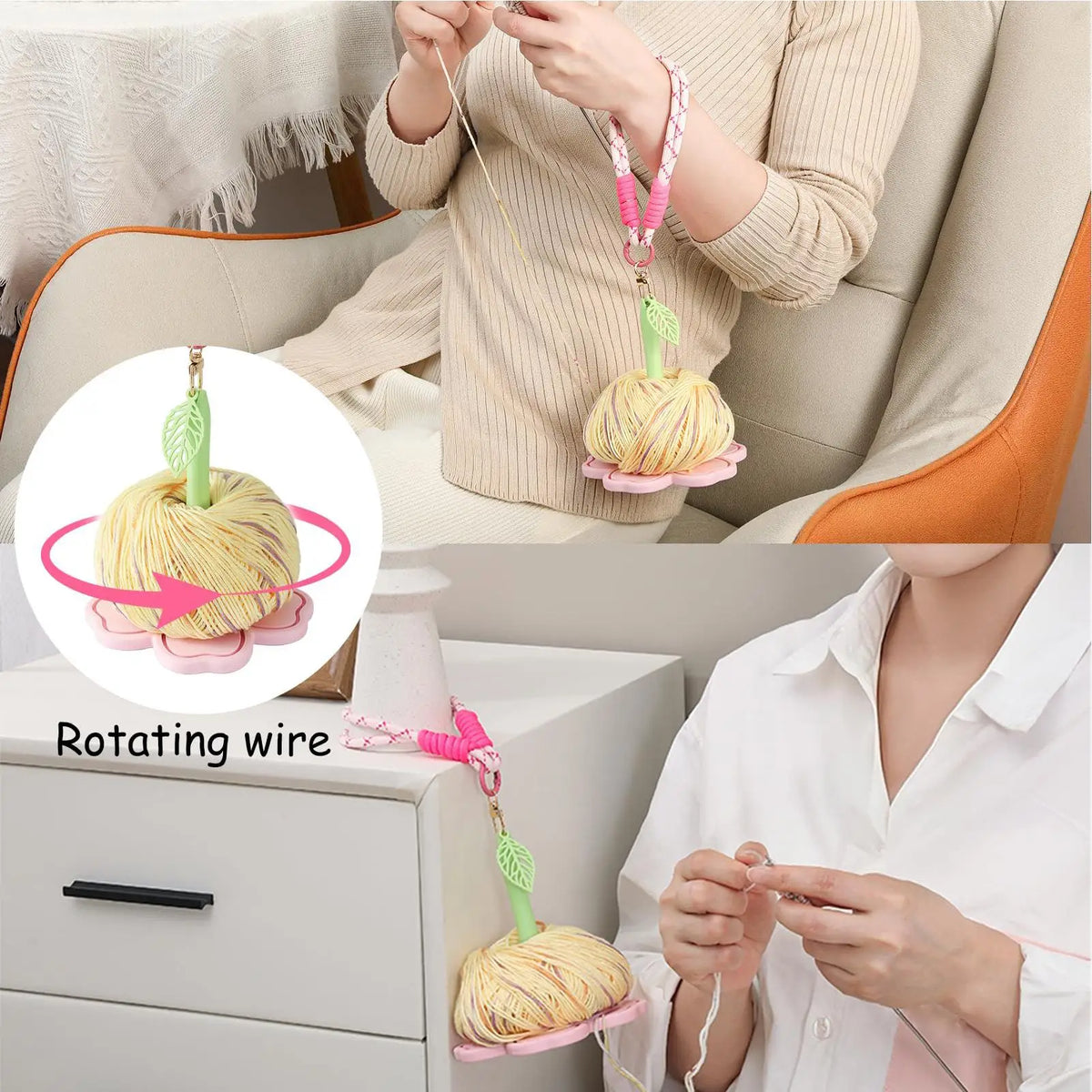 Wrist Yarn Holder Portable Wool Storage with Wristband Portable Yarn Spinner with Flower Shape Stand for Women Adults Beginners Quake Pink