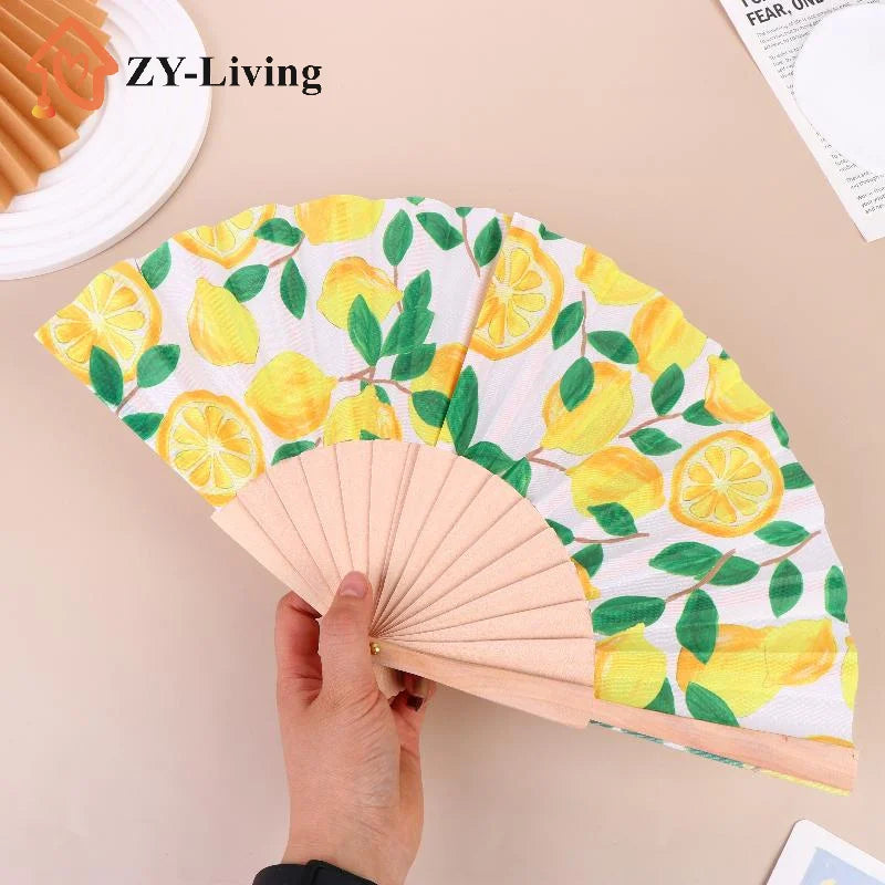 1Pcs Lemon Print Folding Hand Fan Fruit Pattern Bamboo Fabric Handheld Fan For Summer Cooling Dance Performance Party Decor Quake
