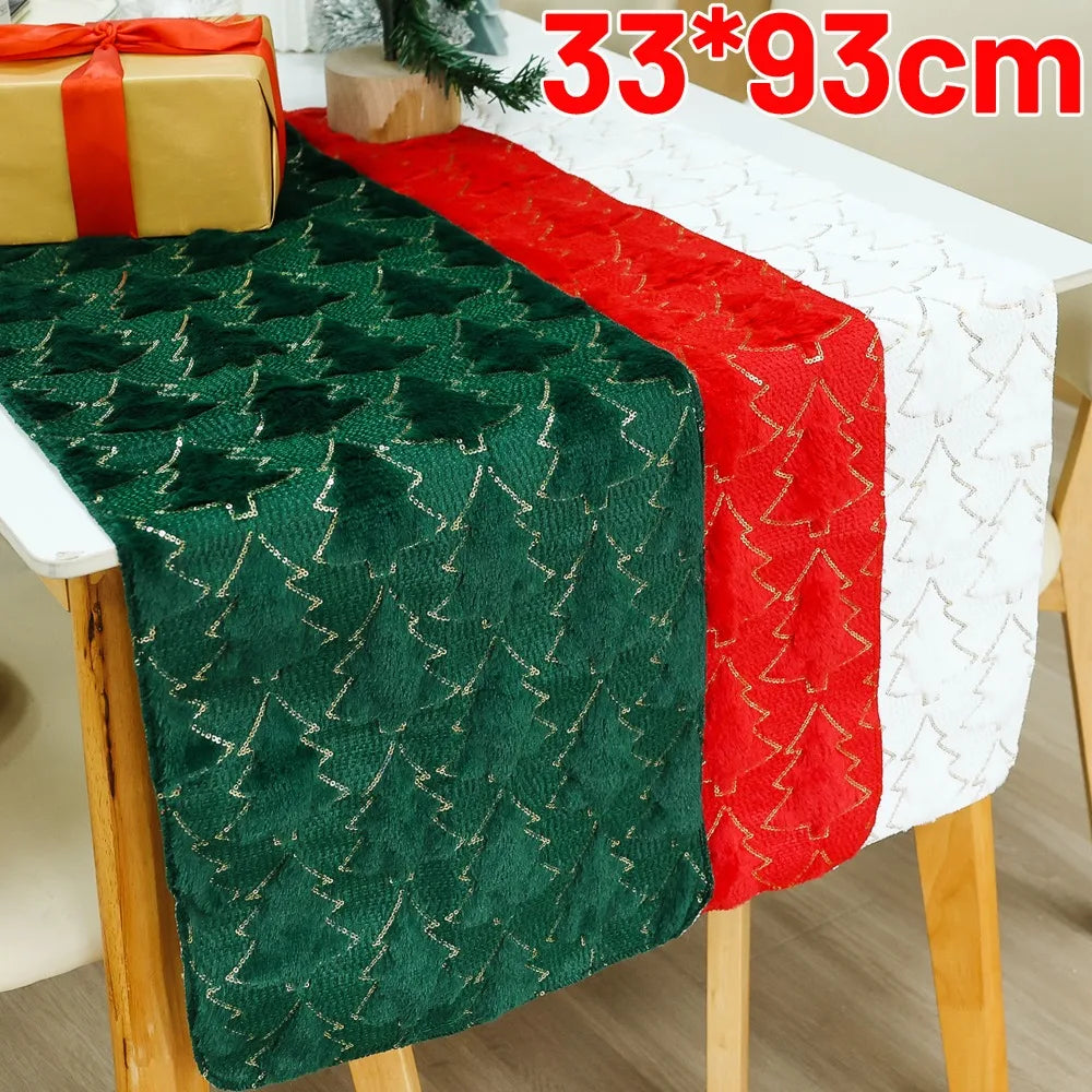 Christmas Plush Table Runner 3D Xmas Tree Pattern Tablecloth New Year Dinner Table Cloth Cover Home Festival Party Decorations Quake