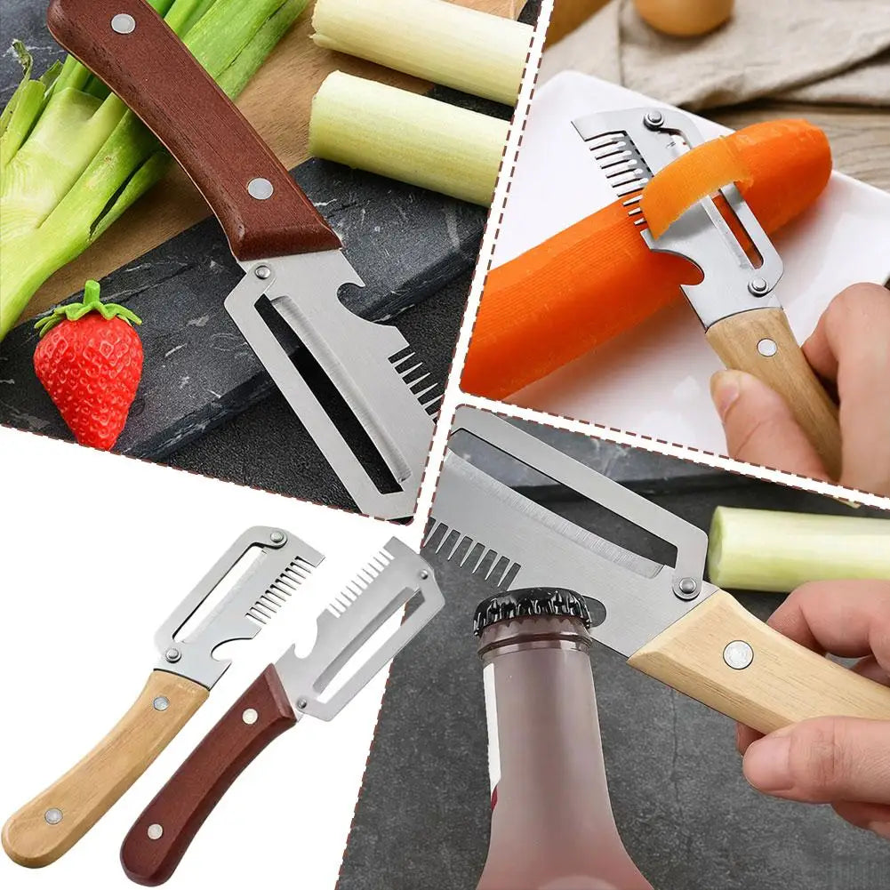 Stainless Steel Scallion Shredder Multifunction Kitchen Peeler Squid Cutter Onion Slicer with Wooden Handle Quake