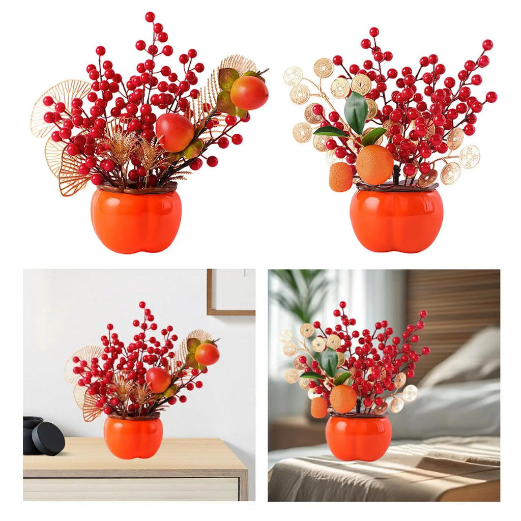 Chinese Lunar New Year Decoration Fake Flower Blessing Bucket Artificial Berry Branches for Restaurant Home Birthday Office Quake