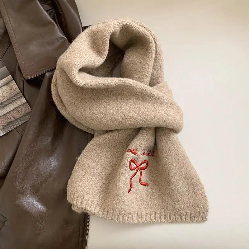 1pc College Style Imitation Cashmere Scarf Winter New Item Solid Color Embroidered Bow Couple Scarf Quake