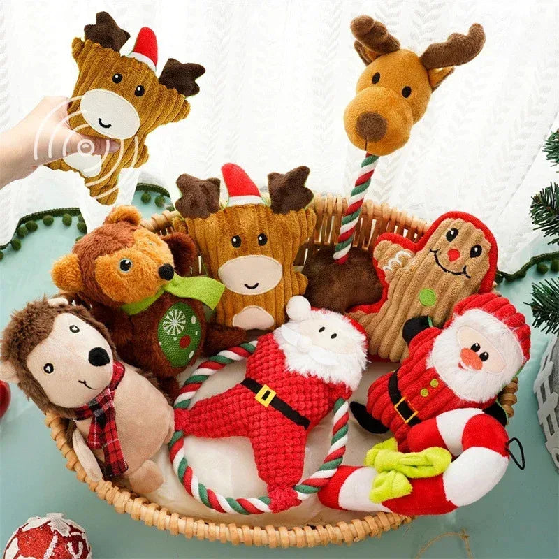Christmas Dog Chewing Plush Toy - Santa Elk Gingerbread Man Donut Cartoon Series, Squeak Noise Pet Toy Suitable for Dogs and Cat Quake