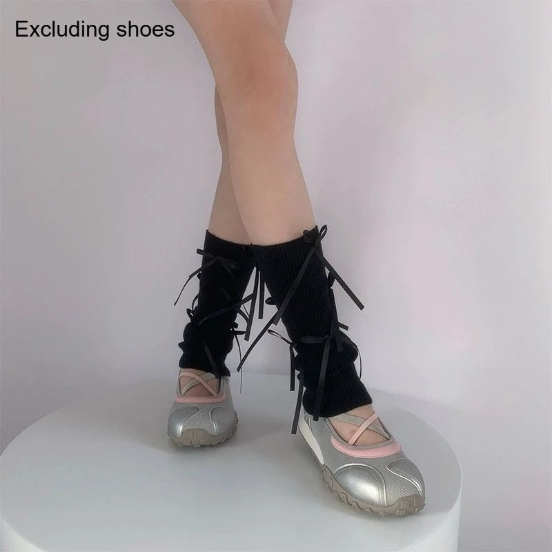 A Pair of Ballet Style Sweet Lolita Socks with Knitted Bow and Mid Leg Socks Paired with Lolita Clothing Quake D one size fits all