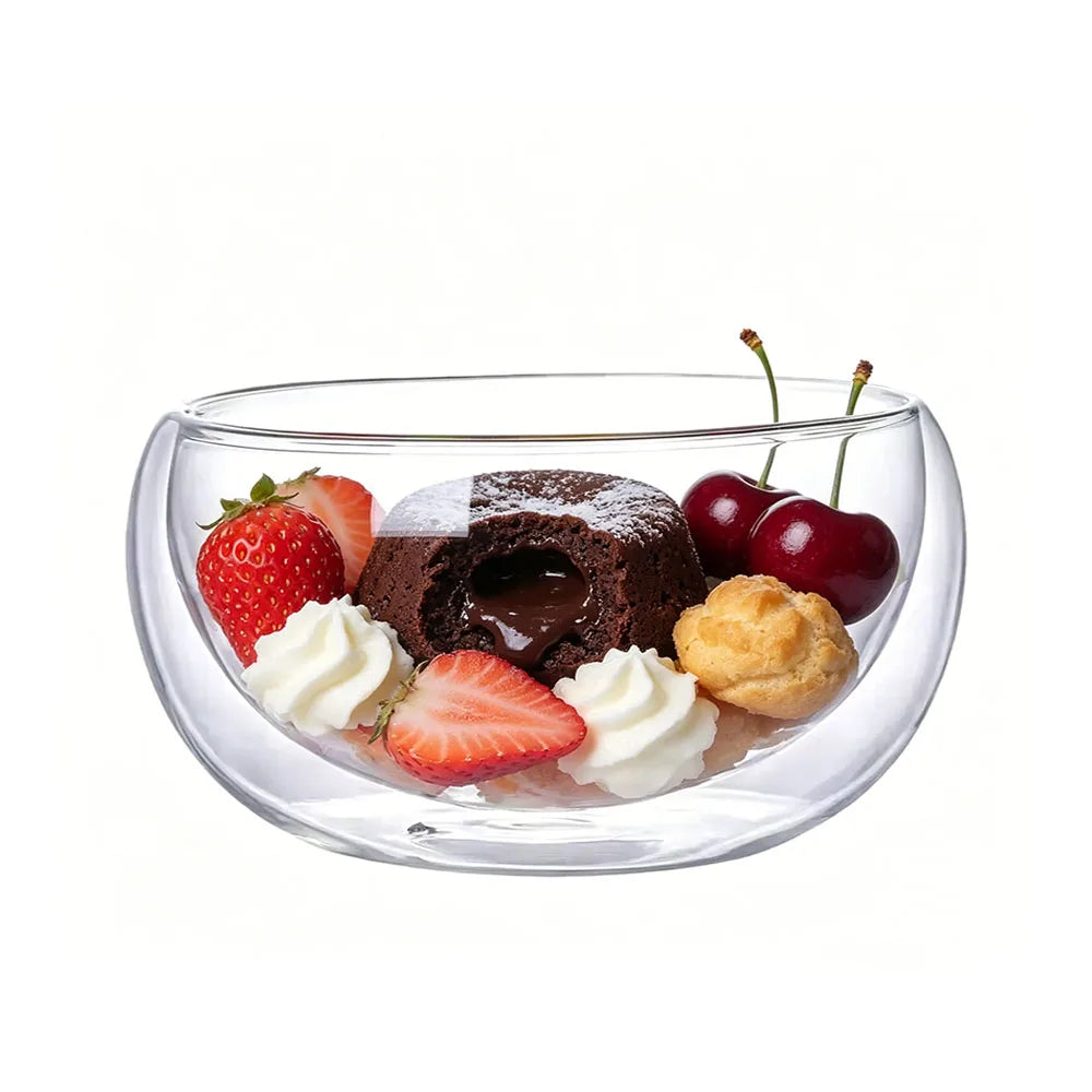 YWDL Double Wall Glass Bowls 300ml/500ml High Borosilicate Dessert Bowl Serving Bowls for Salad Yogurt Ice Cream Soup Quake round base 500ml