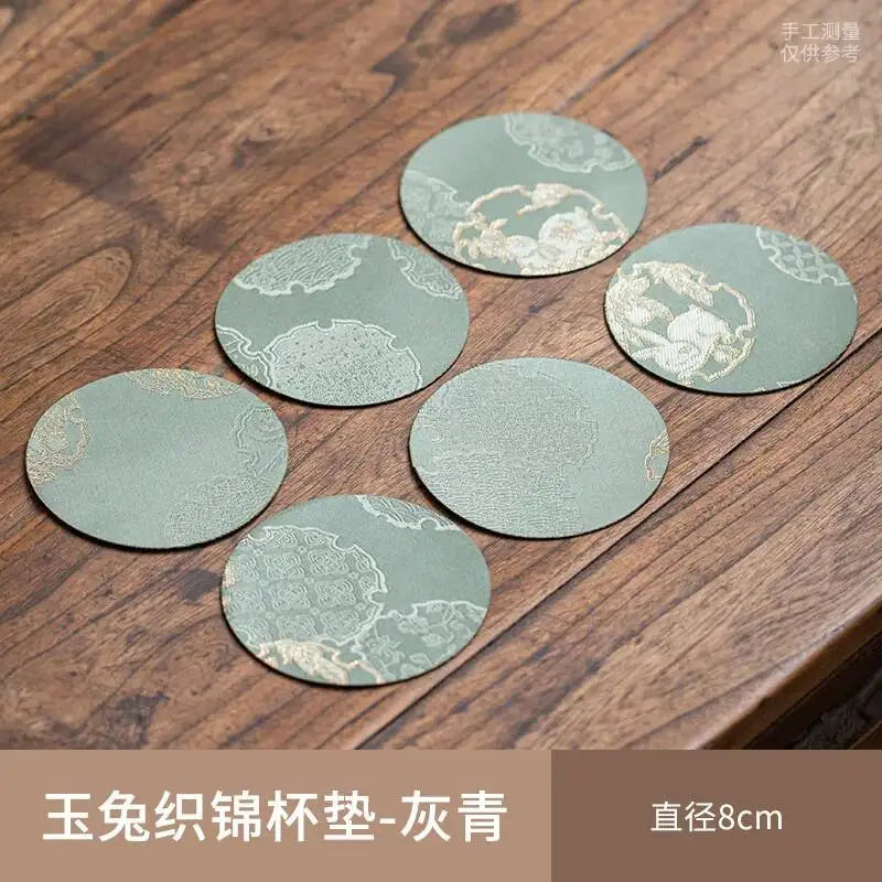 Chinese Tea Set Brocade Coaster Double-Sided Cup Mat Fabric Round Heat Insulation Mat Teapot Mat Diameter 8cm Traditional Quake of 6 - Gray Green