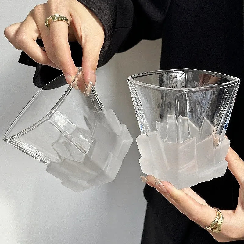 Creative Frosted Ice‑Block Glass Cup Luxury Whiskey Glass Vintage Art Drinking Cup for Cocktail Juice Beverage Quake
