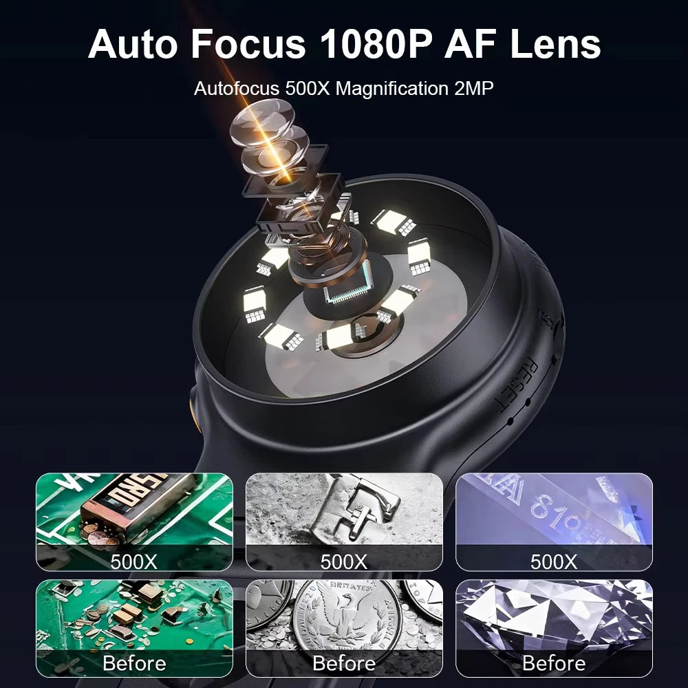 Autofocus 500X Digital Microscope with 8leds 2MP Coin Video Microscopes Foldable Magnifying Glass 2Inch for Electronics Repair Quake