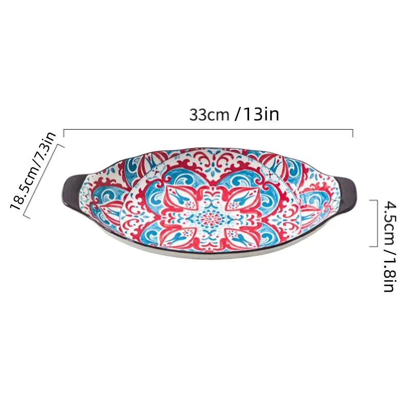 1-Piece 13-Inch Bohemian Double-Handle Ceramic Deep Plate-Ceramic Fish Steaming Plate-Perfect for Fish, Lobster & Seafood Quake A red plate