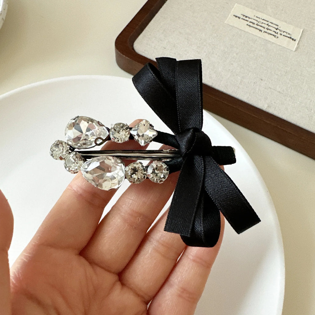 Bow Duck Bill Clip Edge Clip Super Flash Large Rhinestone Ribbon Bangs Clip New Hairpin Hair Accessories Quake Black