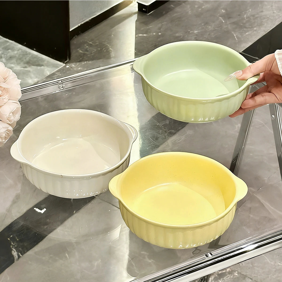 One Double-Ear Ceramic Bowl, Oven, Microwave and Dishwasher Safe. Tableware & Kitchen Utensils for Salad, Pasta Quake