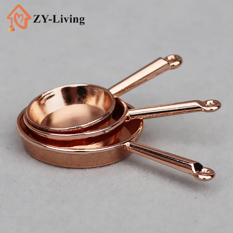 3pcs/Set 1:12 Dollhouse Miniature Frying Pan Casserole Metal Cookware Kitchen Model Decor Toy Doll House Accessories Quake