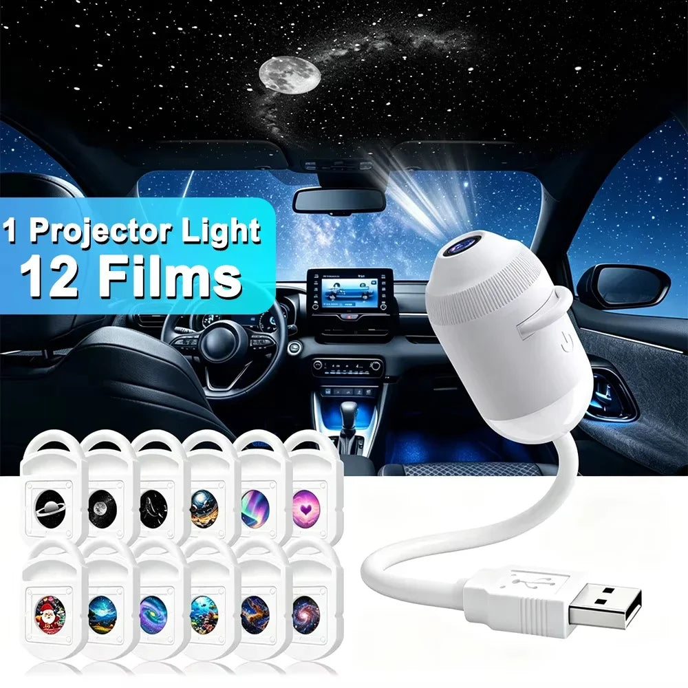 USB Starry Sky Projector Night Light 360 Adjustable Galaxy Atmosphere Lamp for Car Interior Home Bedroom Romantic Nightlight Quake 12 Projector Films