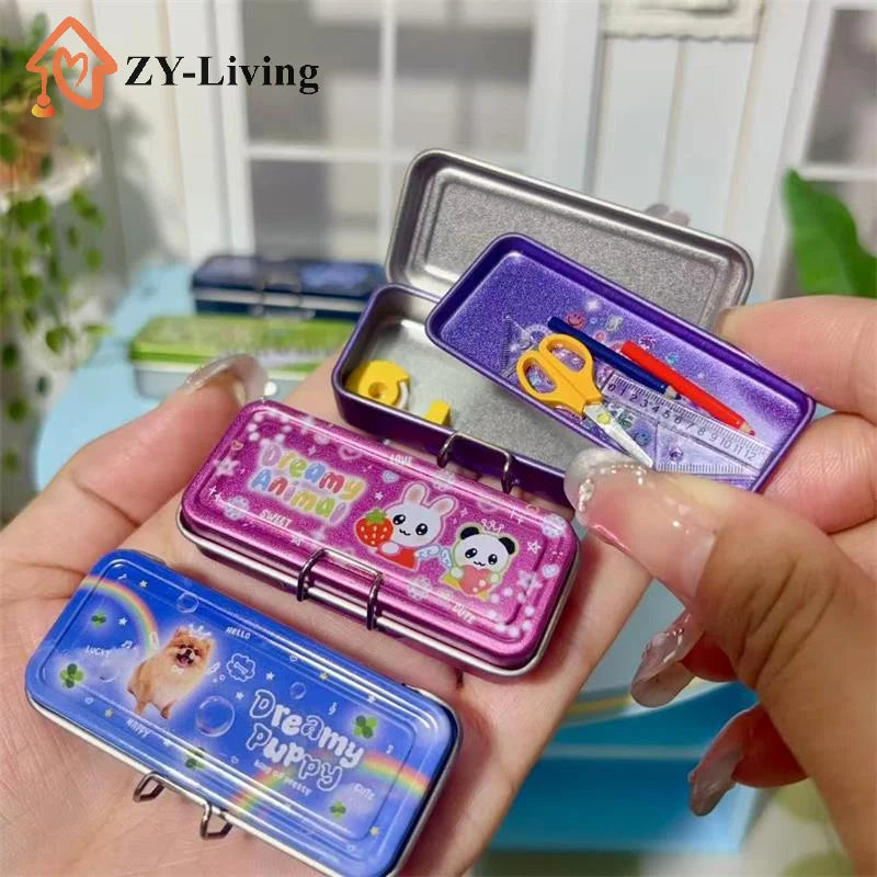 Dollhouse Miniature Double Layer Iron Pencil Box Pen Ruler Measuring Tape Scissors Model Micro Landscape Decor Pretend Play Toy Quake