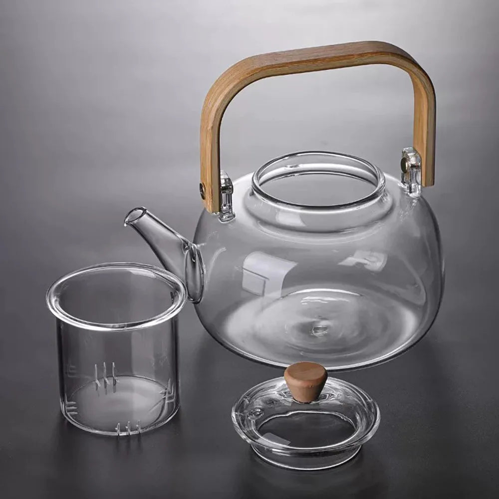 YWDL 1L Glass Teapot With Removable Infuser Bamboo Handle Clear Tea Kettle For Loose Leaf Flower Tea Heat Resistant Tea Pot ﻿ Quake