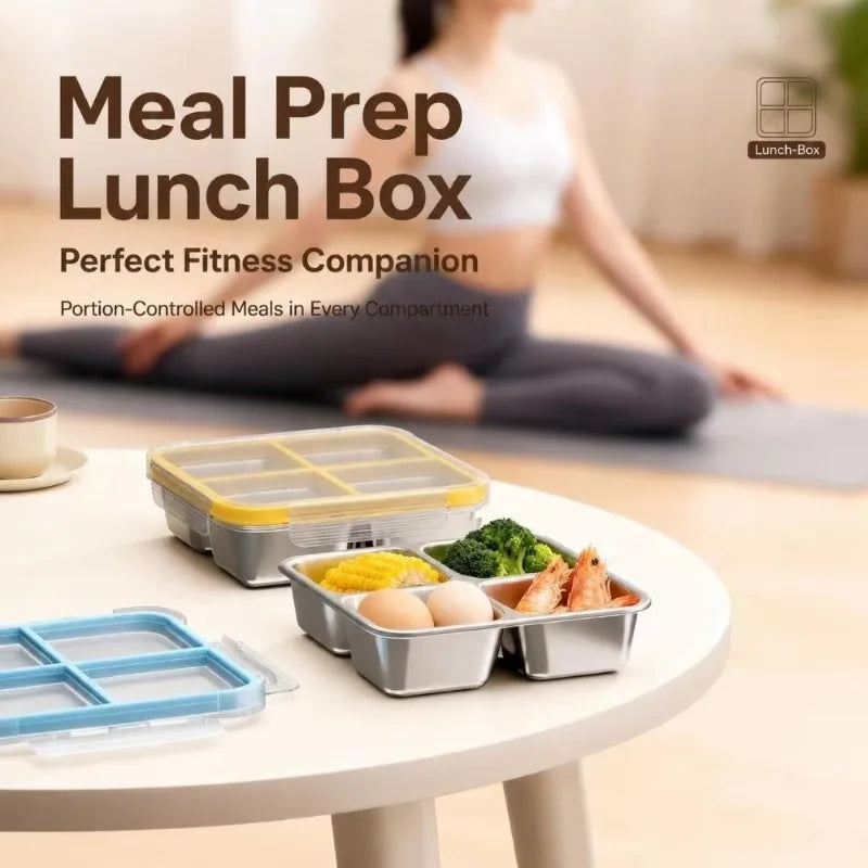 Stainless Steel Compartment Food Container Sealed Lunch Box with Lid Refrigerator Storage Box for Light Meal Fat Loss Food Prep Quake