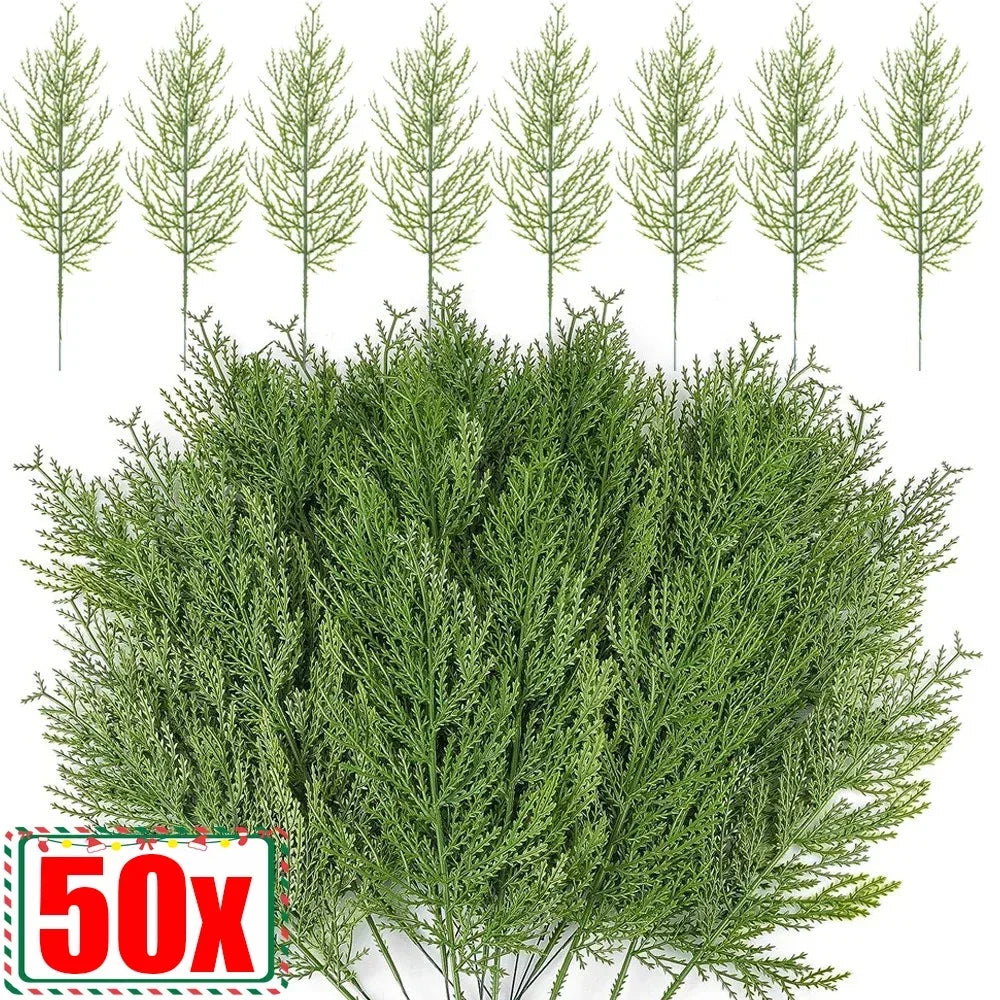 50/1PCS Christmas Artificial Pine Branches DIY Christmas Tree Wreath Gifts Decoration Green Fake Plant Leaves Xmas Home Decor Quake