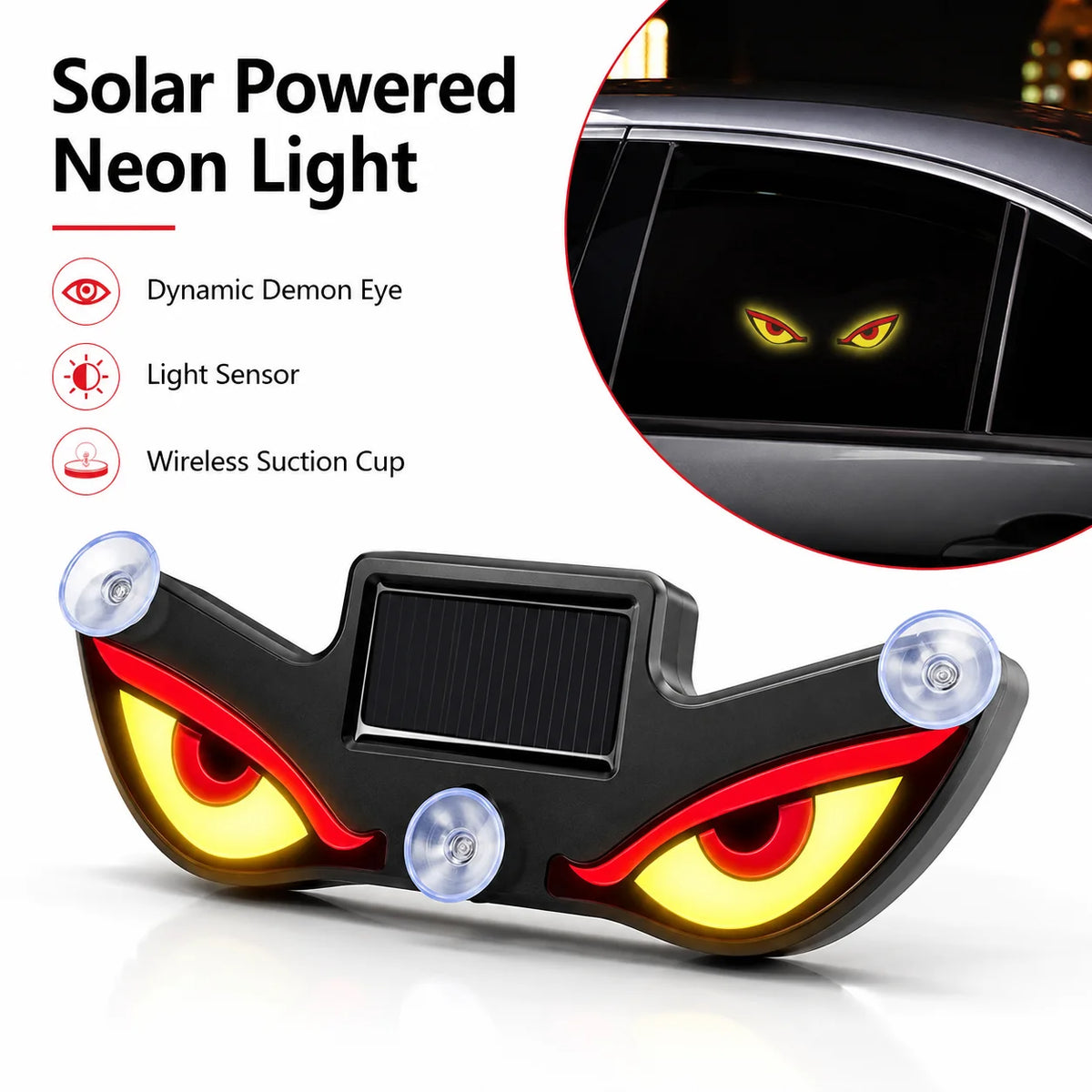 Solar Powered Demon Eye Neon Light Dynamic LED Car Triangle Window Warning Atmosphere Lamp Type C Rechargeable Quake