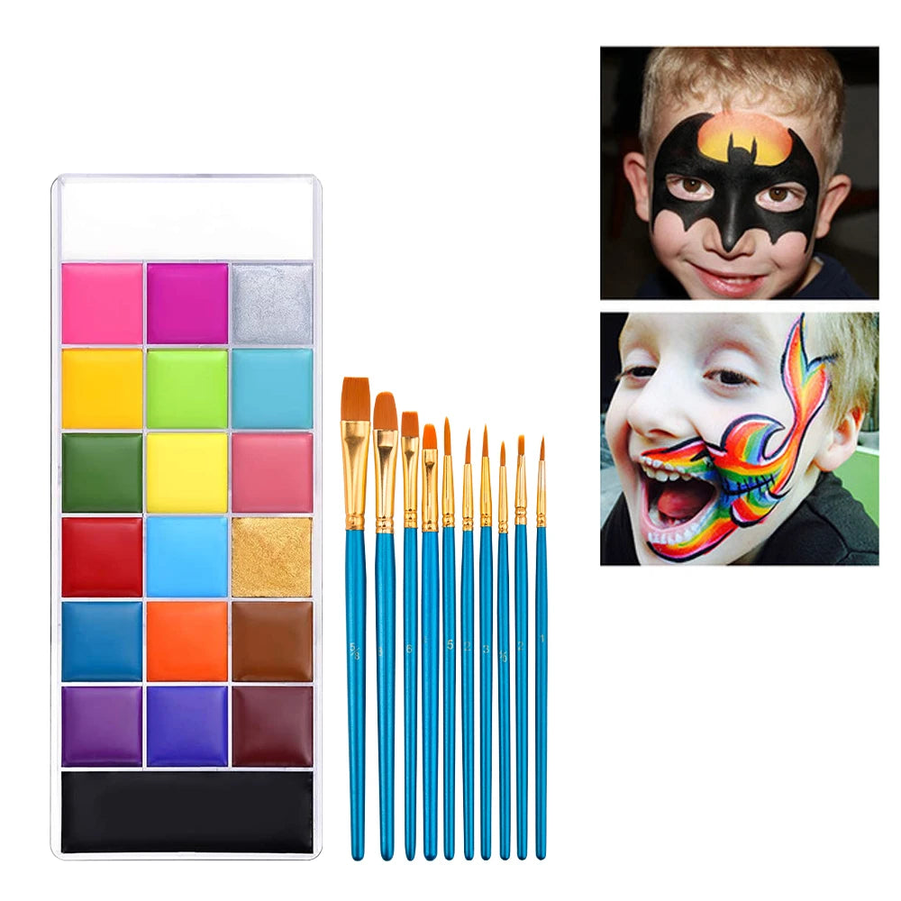 20 Colors Face Body Paint Palette Oil Makeup Set SFX Body Art Halloween Party Painting with 10 pcs brushes,Tattoo Stencil kit Quake with10pcs blue brush