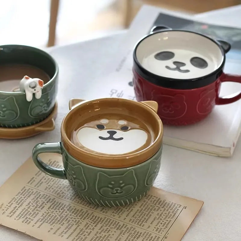 YWDL 300ml Cartoon Animal Ceramic Mug With Lid Breakfast Oatmeal Cup And Saucer Milk Coffee Mug With Spoon Microwave Oven Safe Quake