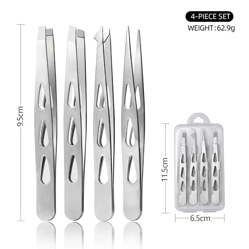 Professional 4-Pc Stainless Steel Eyebrow Tweezer Set – Precision Tweezers for Facial Hair, Splinters & Ingrown Hair Removal Quake M386 Silvery 4 pcs