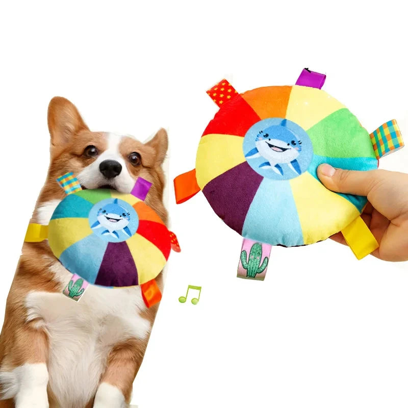 Funny Rainbow Plush Flying Saucer Dog Toys Outdoor Interactive Training Games Chew Toy Pets Flying Discs Toys with Bells Quake