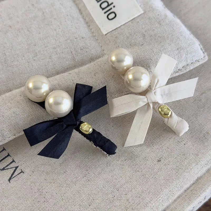 Japanese Exquisite Pearl Bow Bangs Side Clip Women Girl Sweet Duckbill Clip Versatile Temperament Hairpin Hair Style Accessories Quake