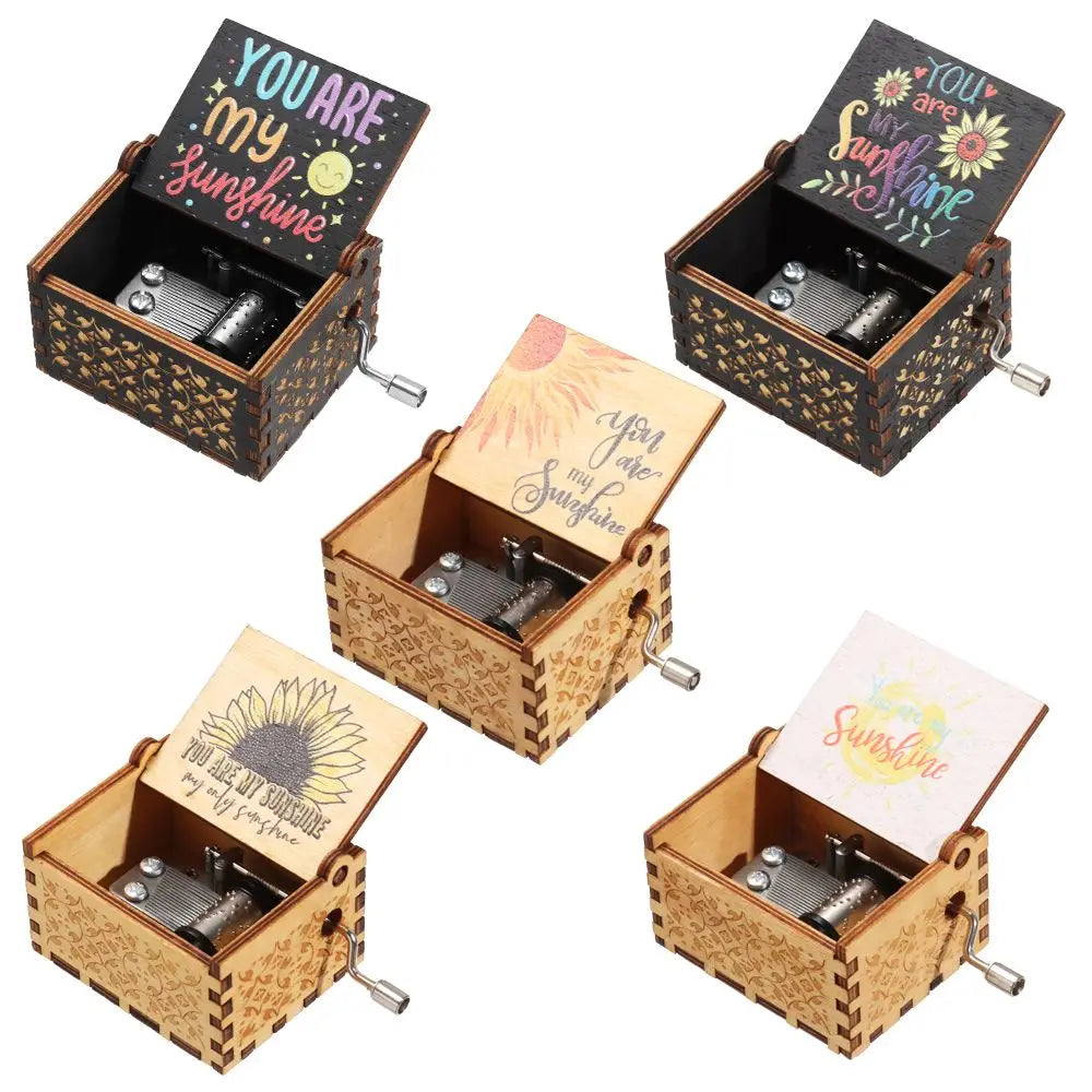 Valentine's Day Birthday Christmas Wooden Black Engraved You are My Sunshine Music Box Hand-Cranked Musical Boxes Quake
