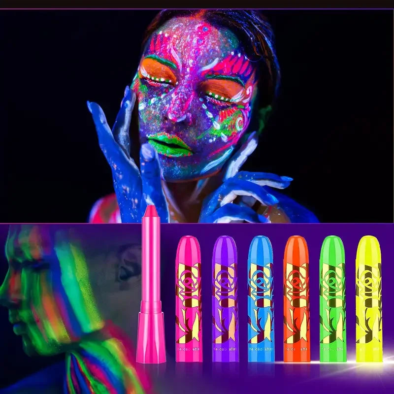 6Pcs UV Neon Face Painting Kit,Glow in the Dark Under UV Lights,Black Light Glow Makeup Kit,Washable Water Soluble Face Painting Quake