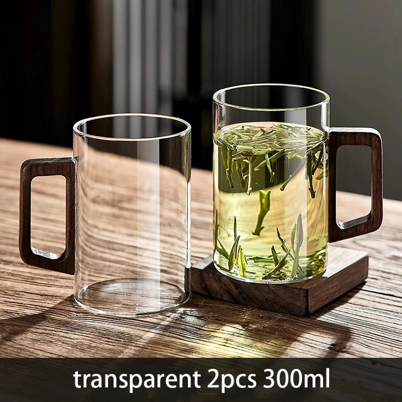 120/200/300/360ml Glass Cups With Walnut Handle Coffee Mug Set Heat-resistant Teacup Household Office Drinking Glasse 2pcs Quake 300ml 2pcs clear 120-360ml