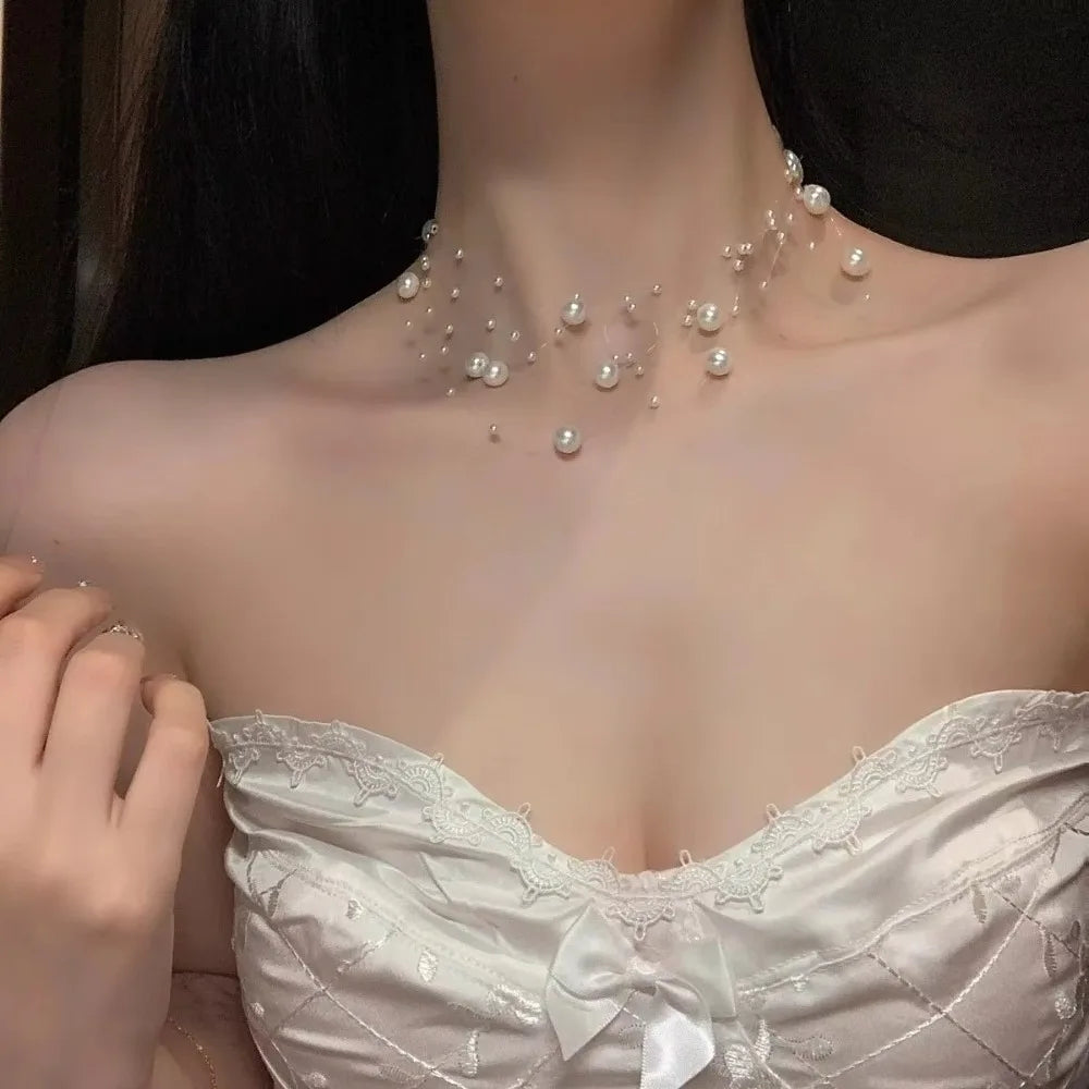 Fashion White Pearl Necklace Adjustable Length Multi-Layer Clavicle Chain Sweater Chain Quake Light Yellow Gold Color