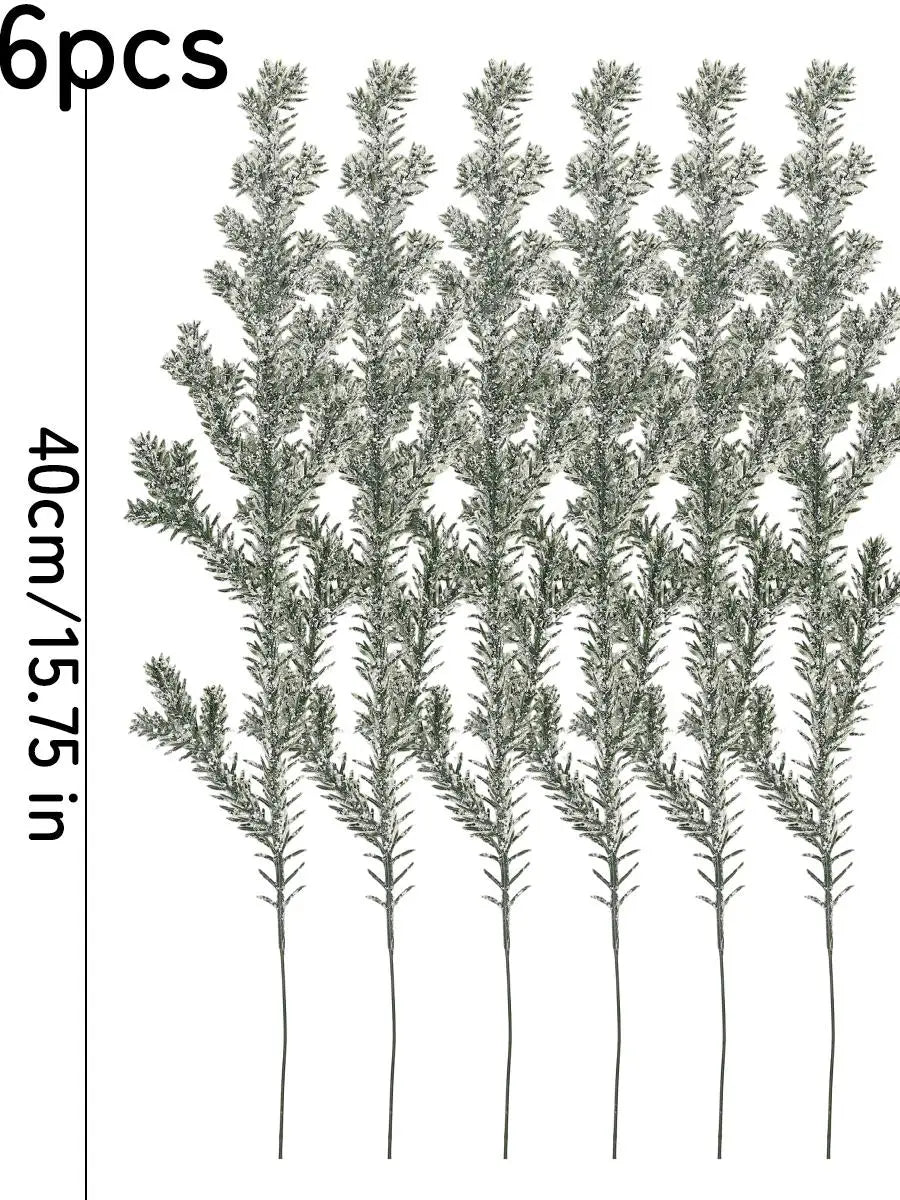 Christmas Artificial Pine Needles Realistic Plastic Snowflakes Pine Cypress Branches with Lush Green Needles Xmas Party Decor Quake 6PCS D