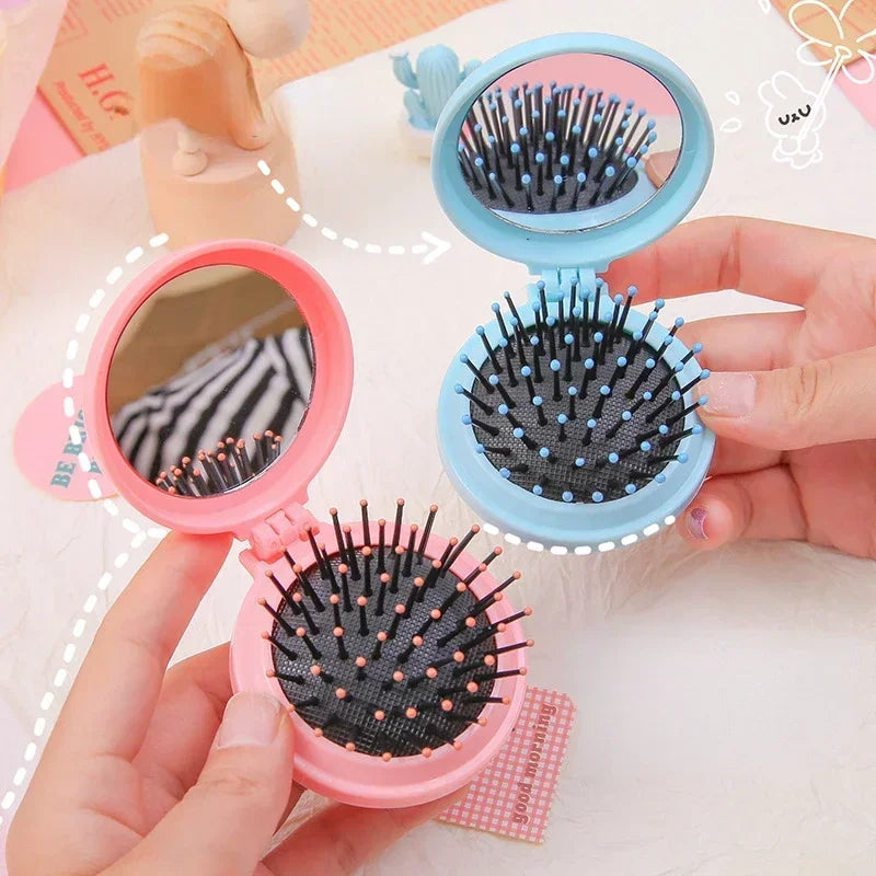 Portable Mini Round Hair Comb with Mirror Pocket Small Size Traveling Massage Folding Hair Comb Women Hair Brushes Styling Tools Quake