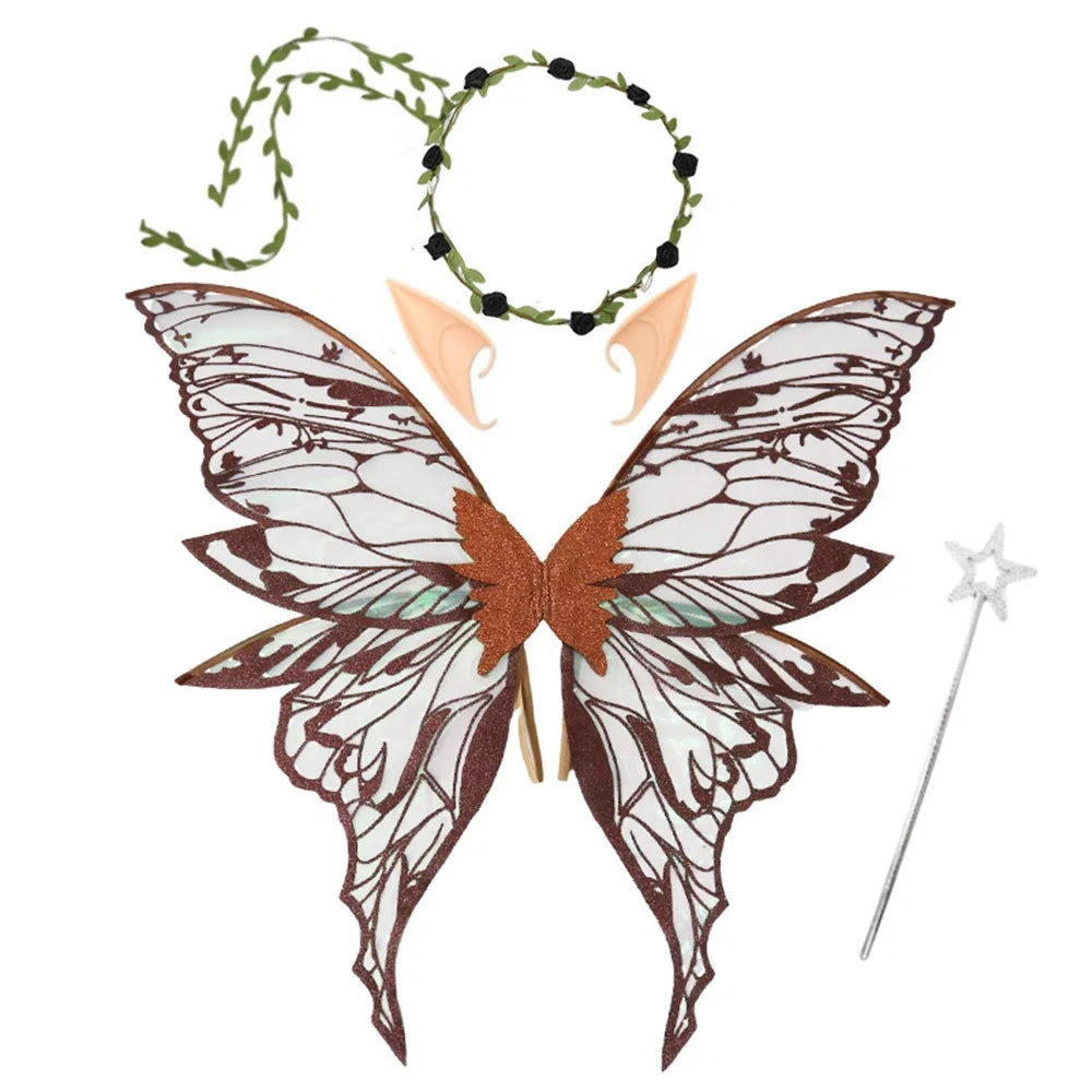 Flower Crown Fairy Costume Set Star Wand Gold Foil Fairy Butterfly Wings Dress-Up Elf Ears Sparkling Angel Wings for Kids Adults Quake Brown