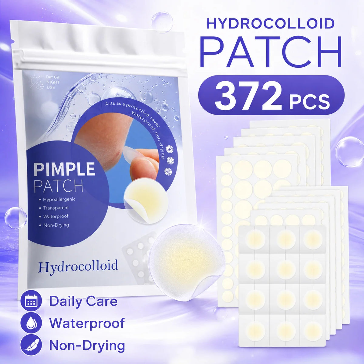 372pcs Hydrocolloid Acne Pimple Patch, Hydrocolloid Spot Stickers, Covering Zits and Defect, Nighttime Spot Stickers for Face Quake