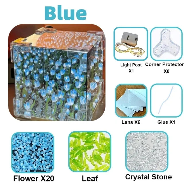 DIY Creative Tulip Flower Sea Cube 3D Small Night Lamp for Bedroom Handmade Craft Tulips for Girlfriend Couple Birthday Gift Quake Blue flower cube