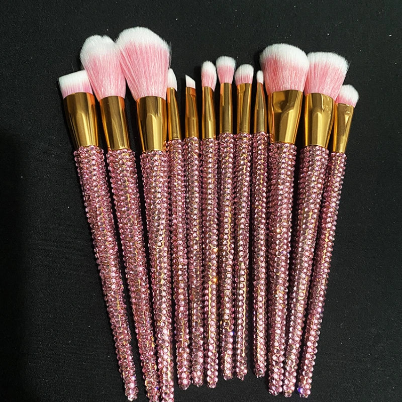 Diamond-studded Makeup Brushes 12Pcs/set Gems Makeup Beauty Tools Full Diamond Loose Powder Foundation Concealer Brush Bling Quake rose