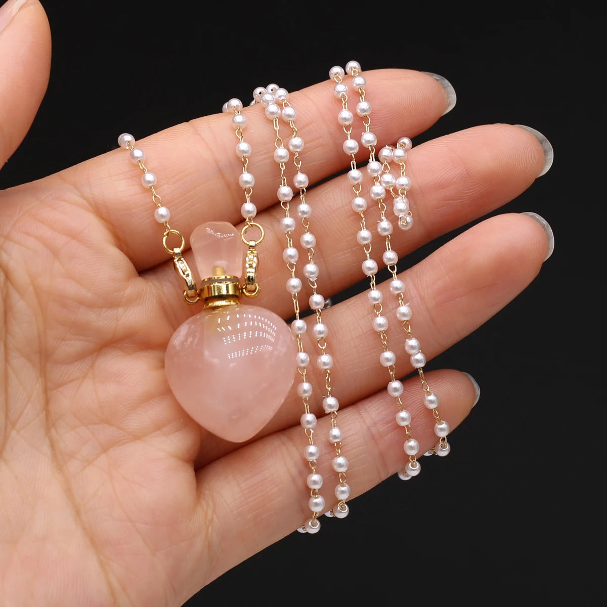 Perfume Bottle Necklace Natural Stone Rose Quartz Perfume Bottle Pendant For Women Christmas Halloween Gift Chain 80cm Quake