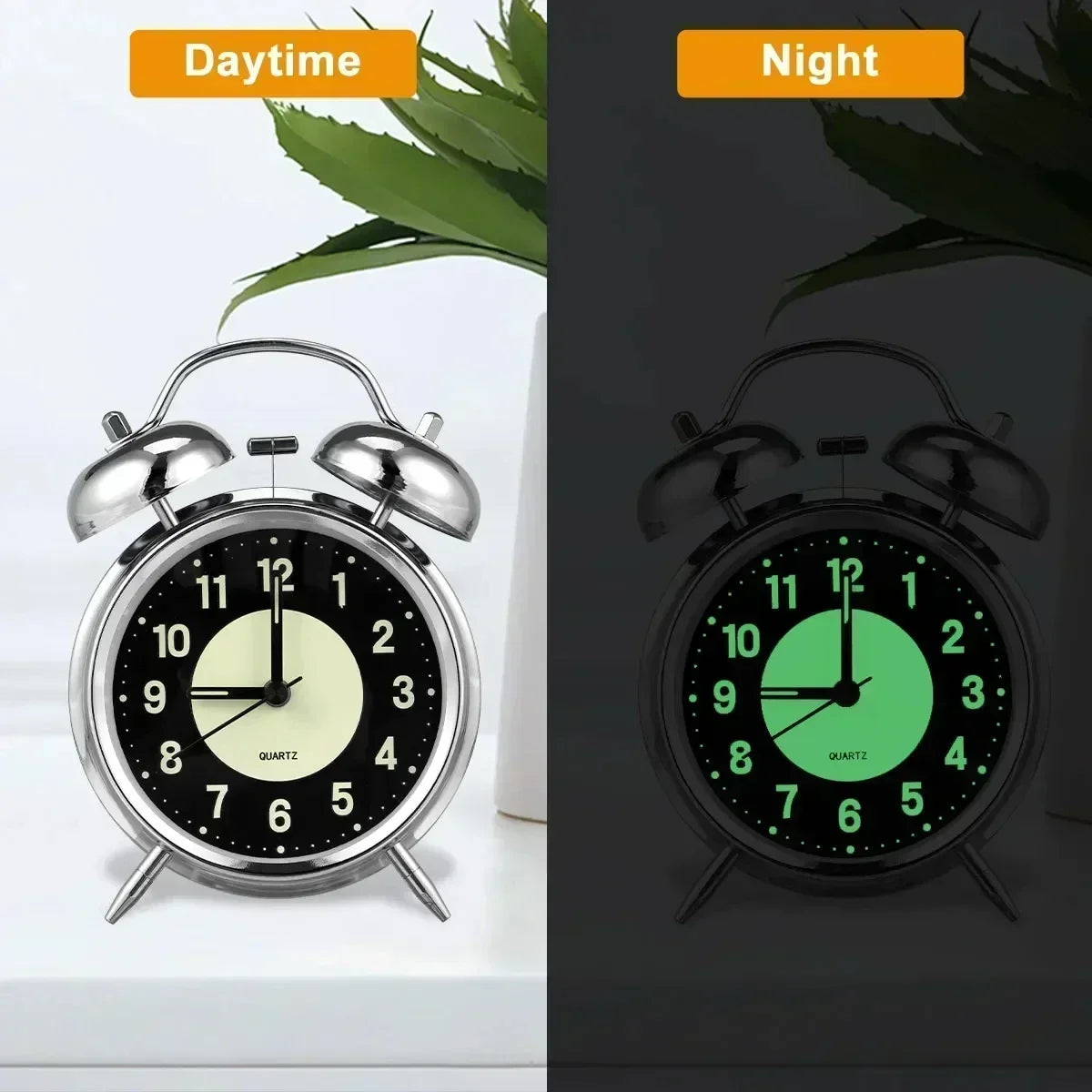 Super Loud Alarm Clock Metal Twin Bell Alarm Clock with Night Light Retro Bedside Clock Silent Table Desk Clocks for Home Bedroo Quake