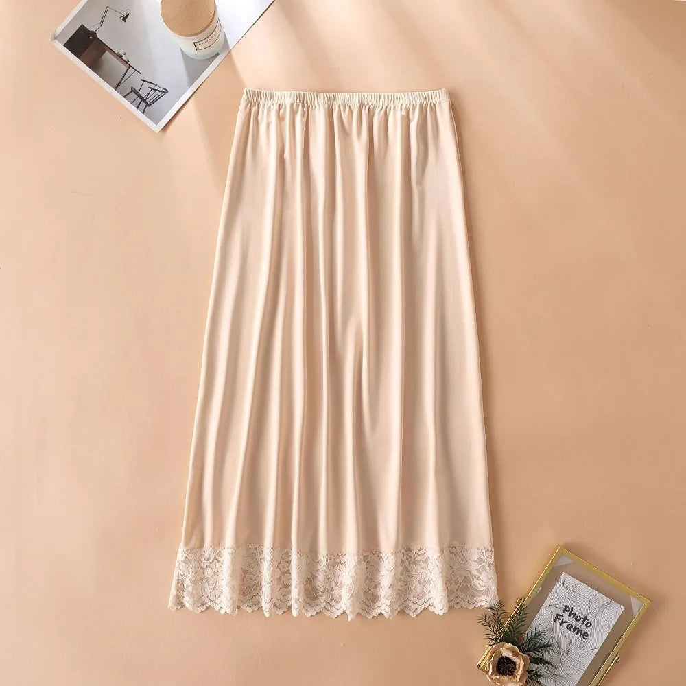 Thin Ice Silk Modal Female Half Length Skirt Anti-glare Lace Underskirt Anti-Penetrating Pure Color Half Slip Dress Petticoat Quake Beige 70cm M