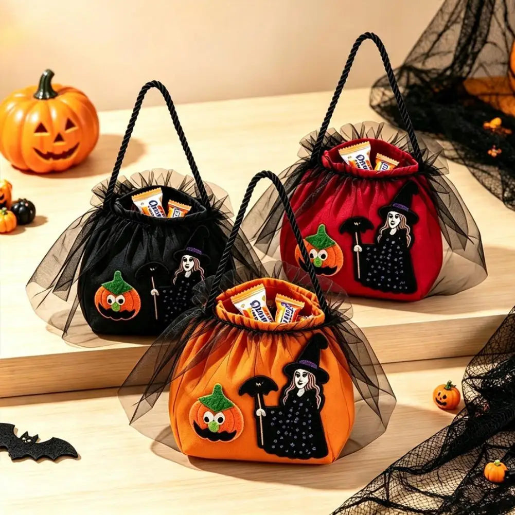 Halloween Princess Candy Bag Witch Pumpkin Embroidered Mesh Tote Drawstring Treat Holder Party Costume Accessory Quake