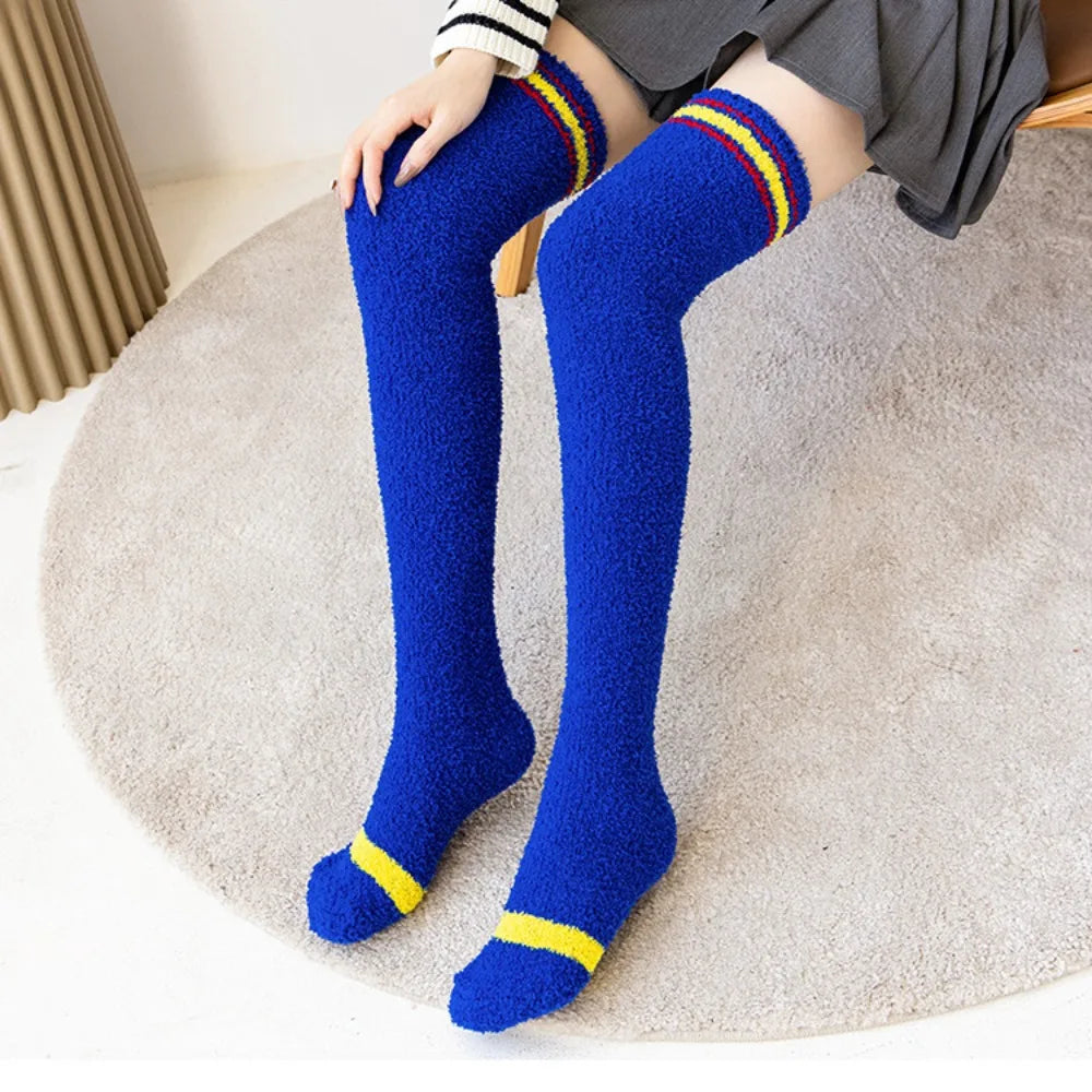 Soft Warm Striped Stockings Long Tube Comfortable Over Knee Socks Coral Velvet Cozy Lined Terry Socks Winter Quake