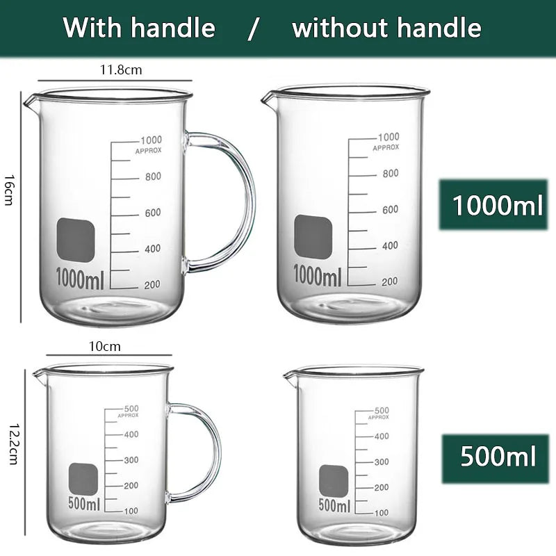 YWDL 500/1000ml High Borosilicate Glass Measuring Cup With/No Handle Heat-resistant Laboratory Beaker Kitchen Measuring Tools Quake