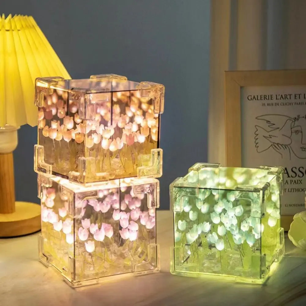 Excluding Gift Bags Tulip Night Light Acrylic 21 Flowers Tulips Flower Table Lamp Magic Cube Handmade DIY Mirror Light Quake