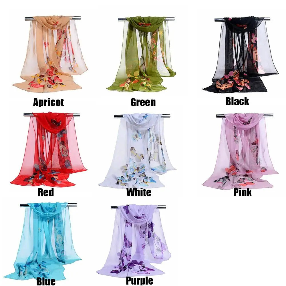 New Trendy Elegant Silk Scarves Women's Butterfly Flower Print Long Chiffon Scarf Soft Wrap Lady Shawl Fashion Accessories Quake