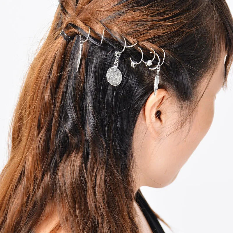 5-10pcs/set Hair Braids Tools Hair Accessories Personality DIY Pendant Coin Ring Leaves Pendant Rings Decor Braiding Hair Braids Quake