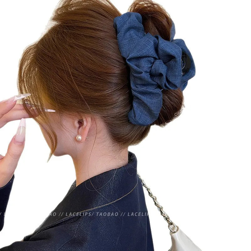Korean Wrinkled Clouds Shark Clip Denim Cloth Ponytail Hairpin Female Elegant Temperament Fashion Female Hair Claw Accessories Quake
