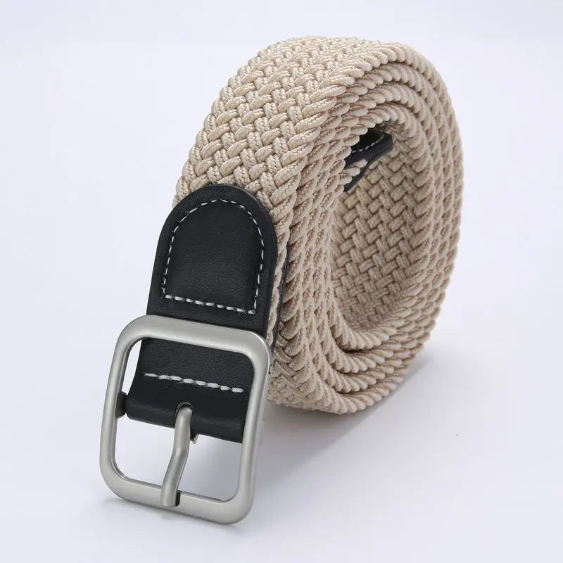 1pcs Unisex Woven Stretch Belts Fashion Square Pin Buckle Waistband for Casual Jeans Dress Daily Wear Quake beige about 105cm